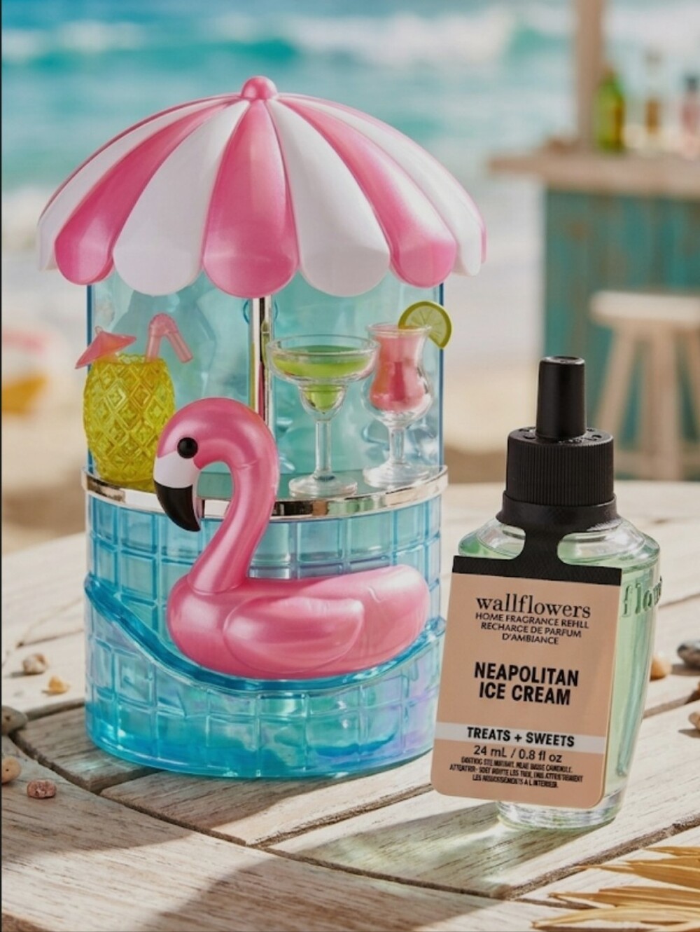 Pink Flamingo Pool Bar Umbrella Nightlight - Pink & Blue